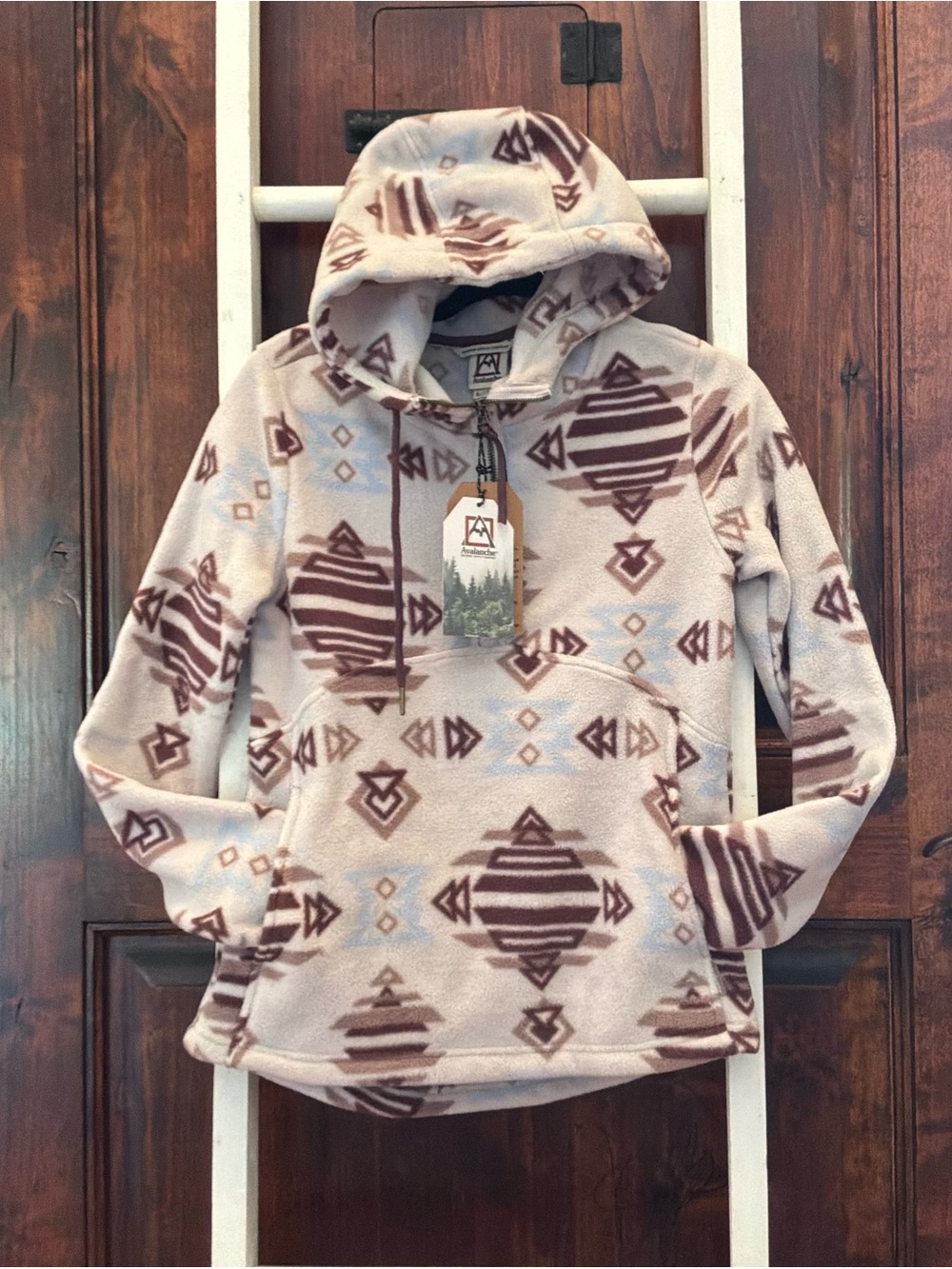 Avalanche Men's Zip-Up Hooded Fleece in Light Gray with Brown Geometric Print